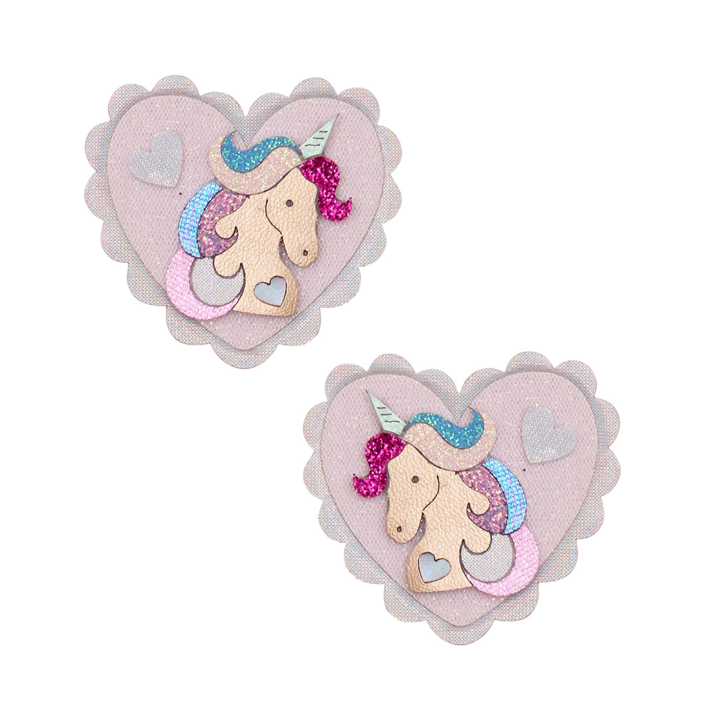 Unicorn Heart Salon Hair Clips - two heart-shaped unicorn hair clips