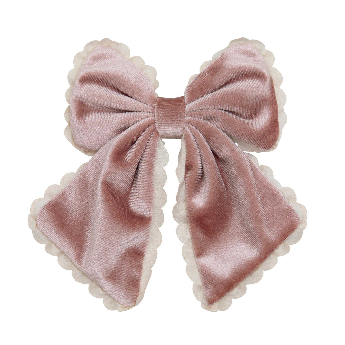 Dusty pink velvet bow hair clip with cream scalloped edges