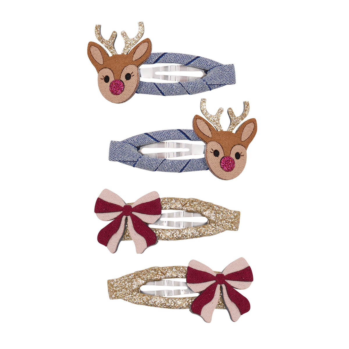Two reindeer hair clips and two candy cane striped bow hair clips