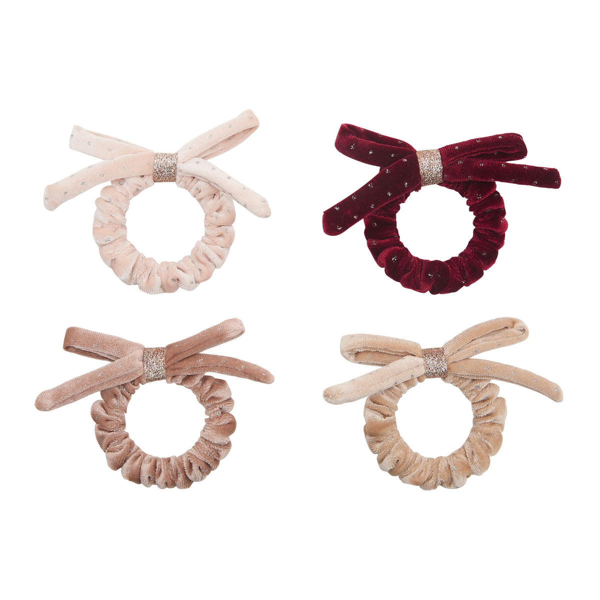 Four velvet bow hair scrunchies in beige, pink and red