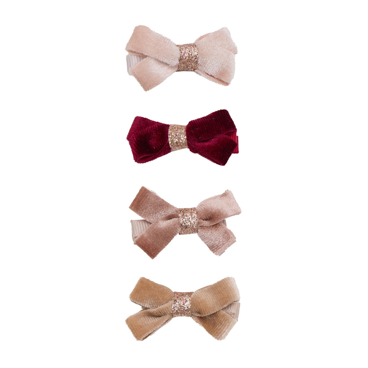 Four velvet bow hair clips in pink, neutral and red with gold glitter wraps