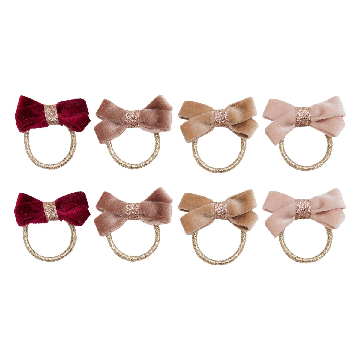 Eight glitter velvet bow hair ties in pinks, neutrals and burgundy