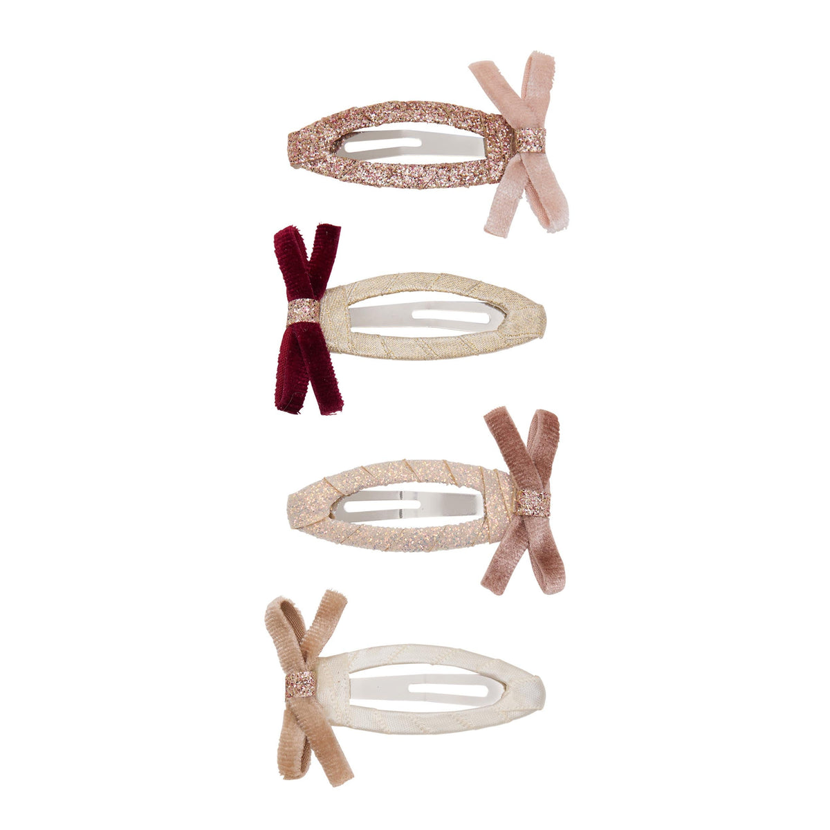 Skinny velvet bow hair clips in burgundy, pink and gold