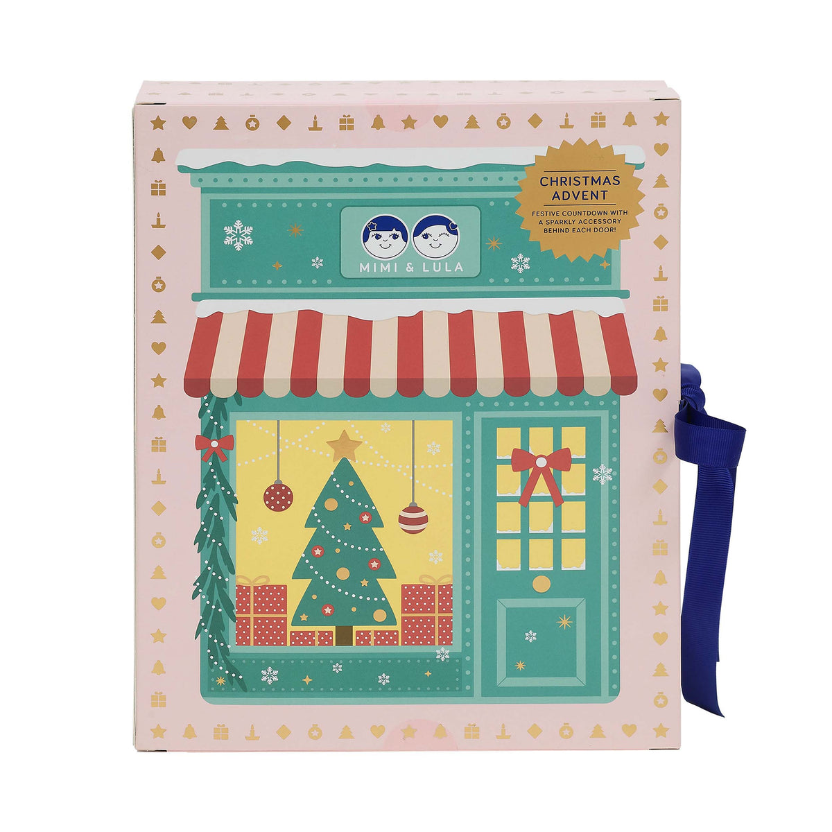 Pink cardboard advent calendar with Christmas shop scene and navy ribbon