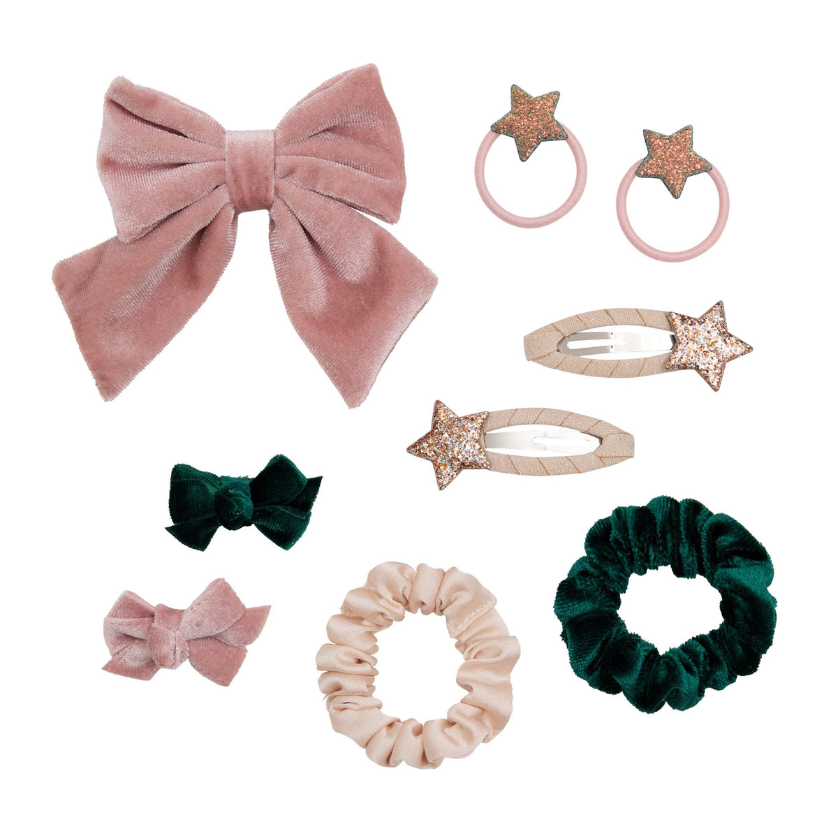 Contents of Christmas tree bauble - 9 hair accessories including velvet bow, scrunchies, and clips