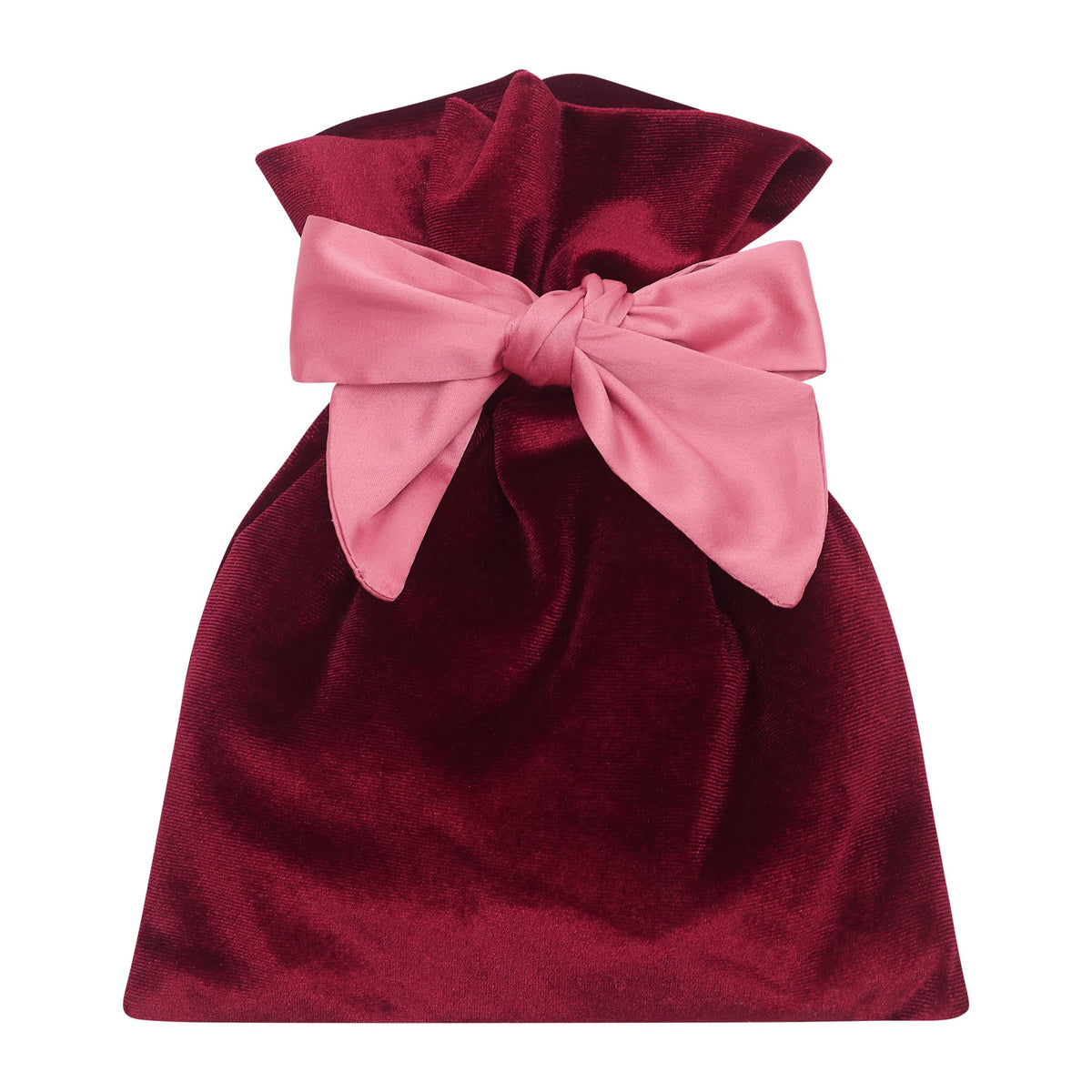Burgundy velvet gifting pouch with pink satin bow