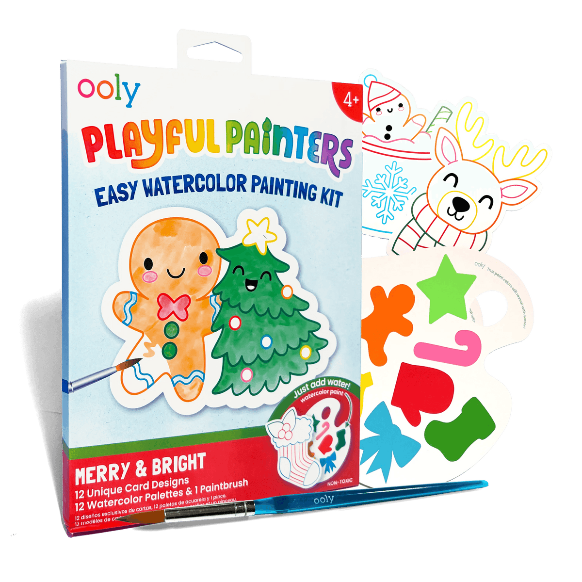 OOLY Playful Painters Watercolor Kit in Merry & Bright, holiday watercolor painting kit with 12 cards – packaging front