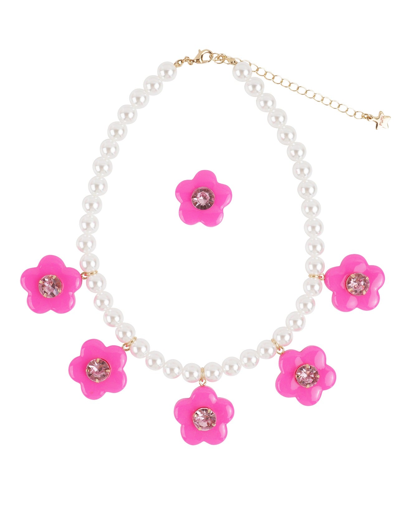 Hot Pink Floral Necklace Ring Set - Rurustar