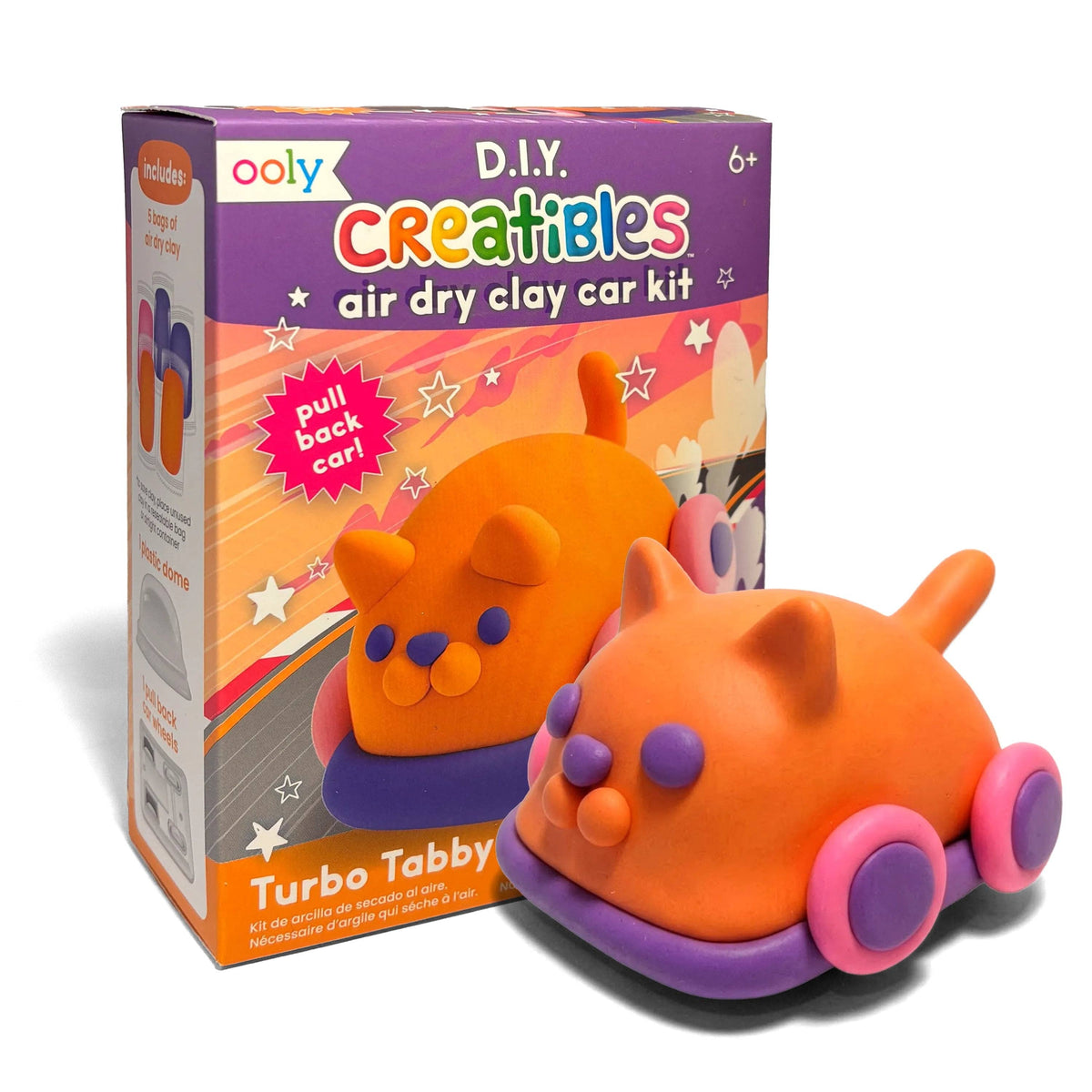 OOLY Creatibles Mini Air Dry Clay Car Kit in Turbo Tabby, cat-themed air dry clay pull-back car kit – packaging front