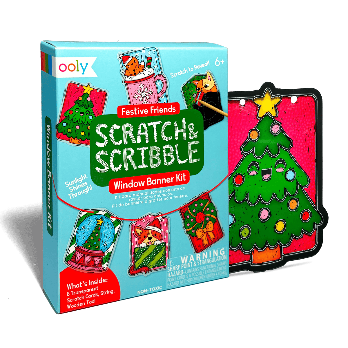 OOLY Mini Scratch & Scribble Window Banner Kit in Festive Friends, holiday scratch art window banner kit – packaging front
