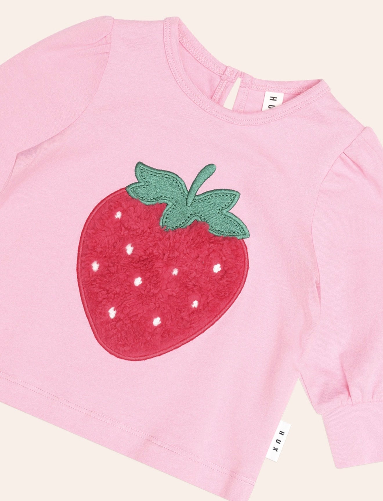 Furry Strawberry Puff Slv Top – Strawberry Crème – Huxbaby (detail view)