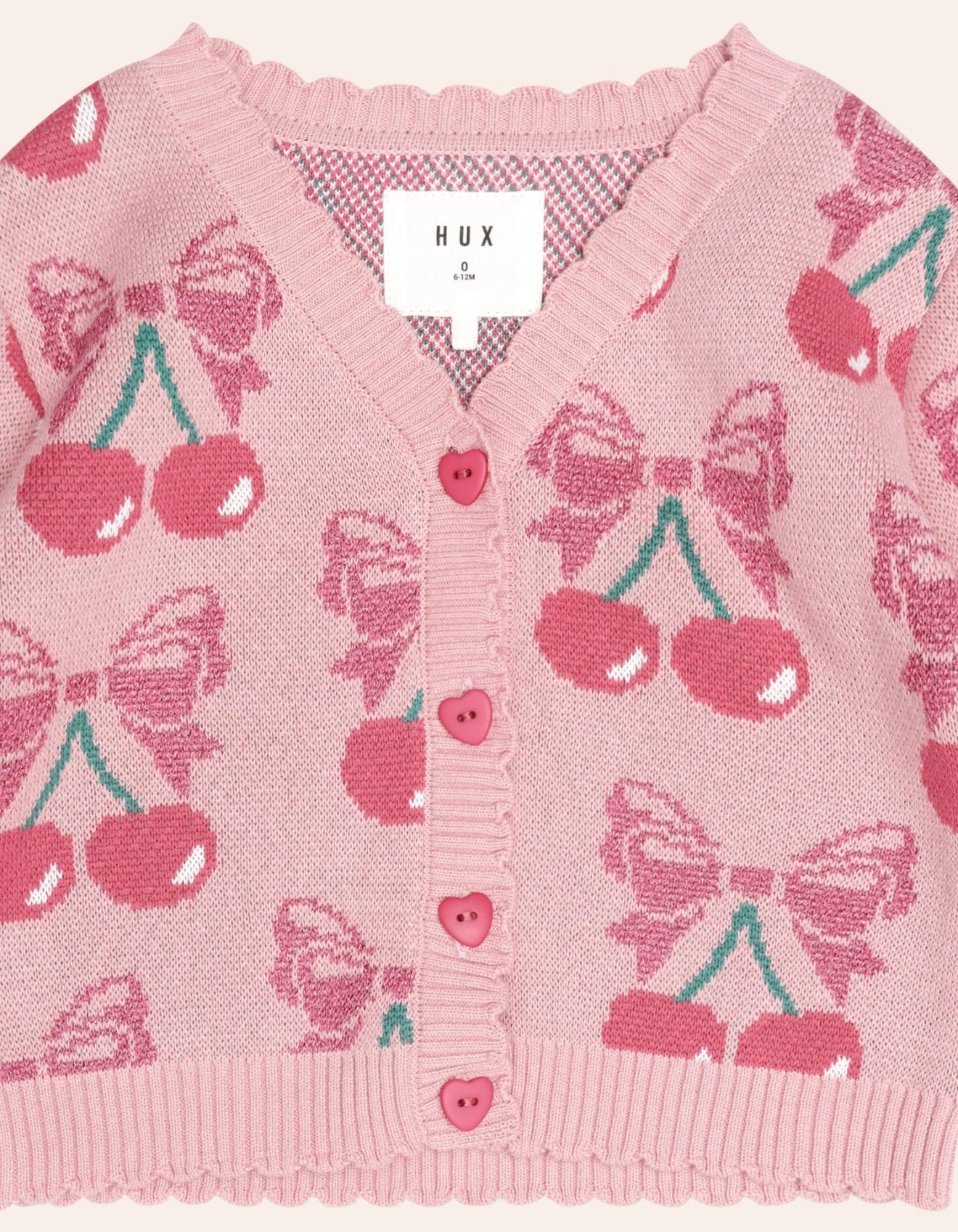 Cherry Bow Cardi – Vintage Pink – Huxbaby (detail view)