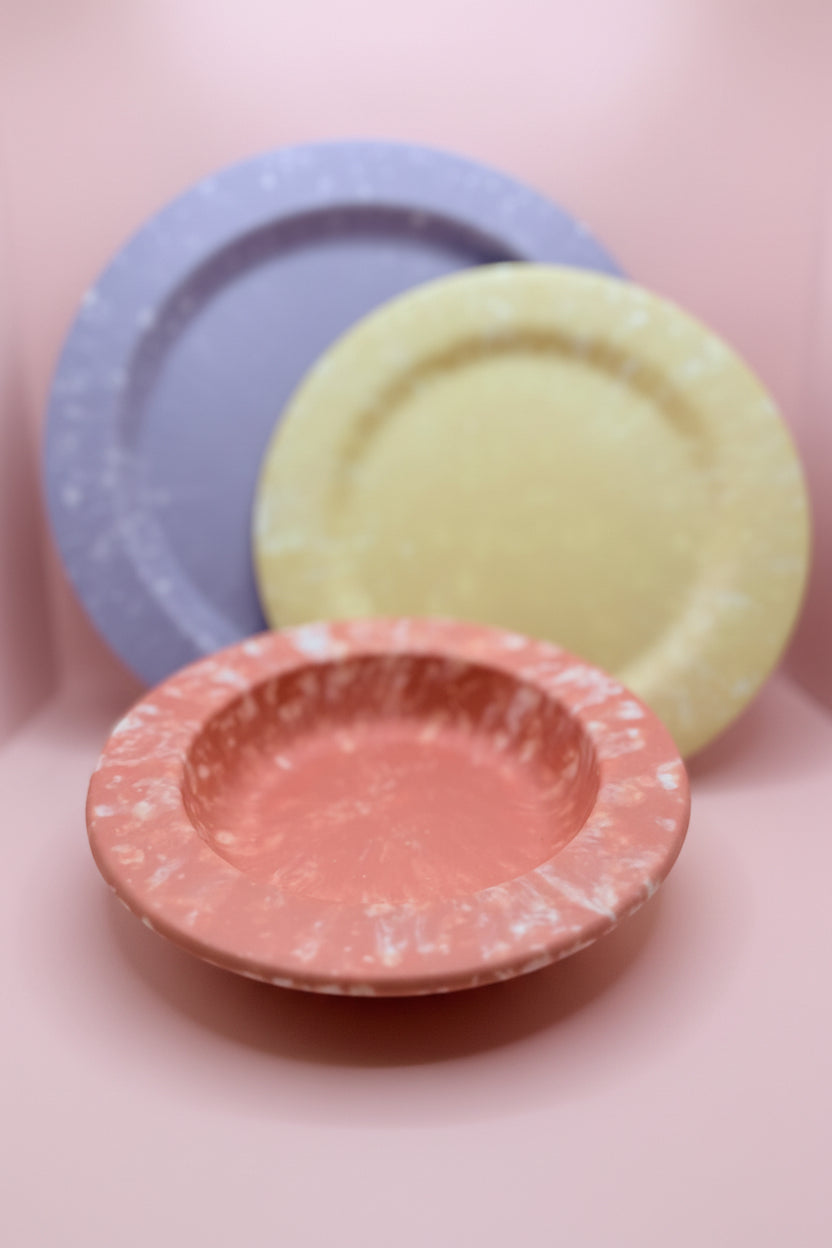 Pastel Marble 3-Piece Dinner Set – stacked pastel pink, yellow, and blue marbled kids tableware