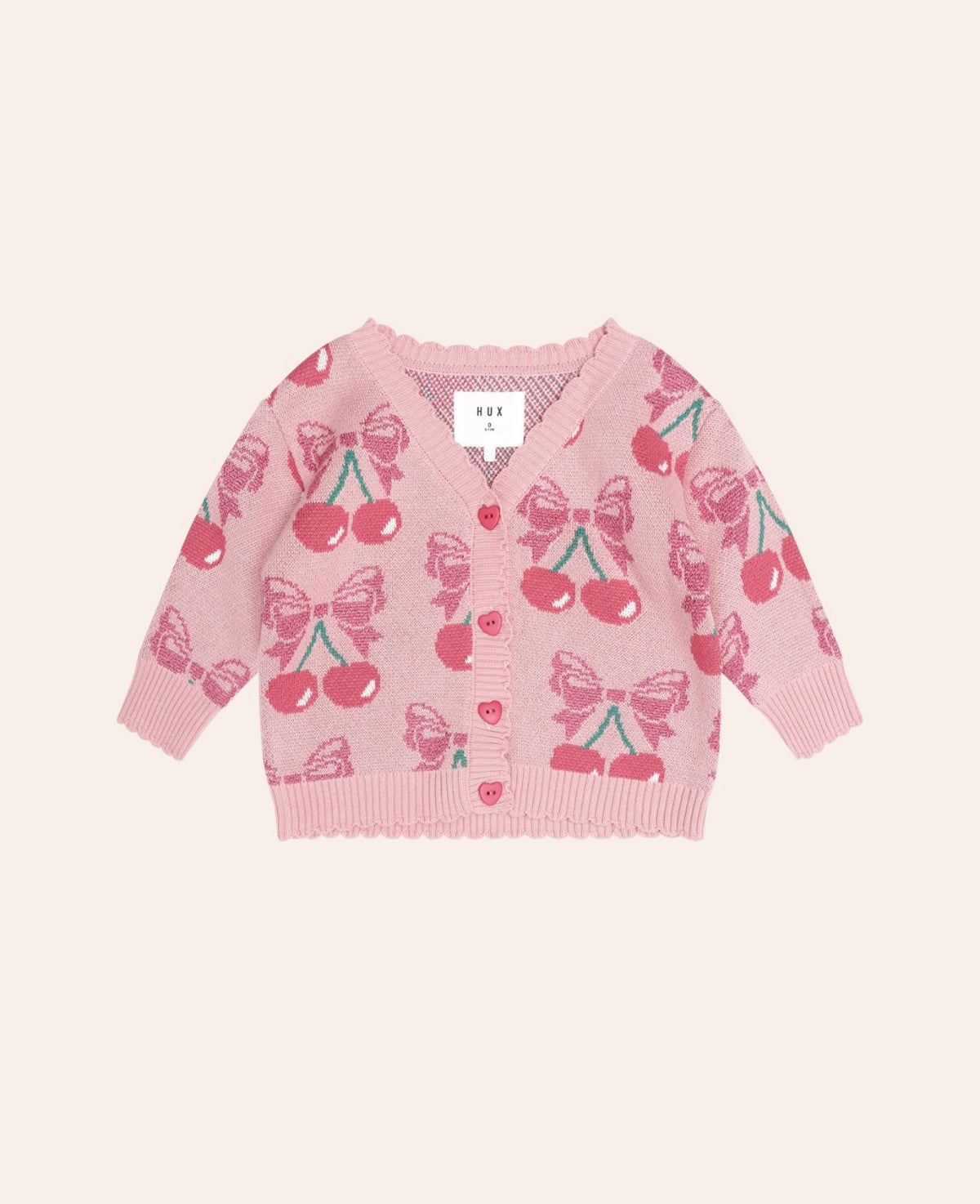 Cherry Bow Cardi – Vintage Pink – Huxbaby (front view)