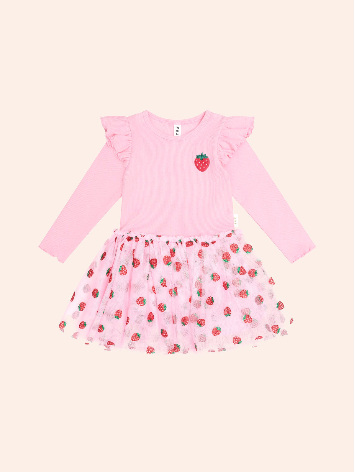 Strawberry Embroidered Long Sleeve Tulle Dress – Strawberry Crème – Huxbaby