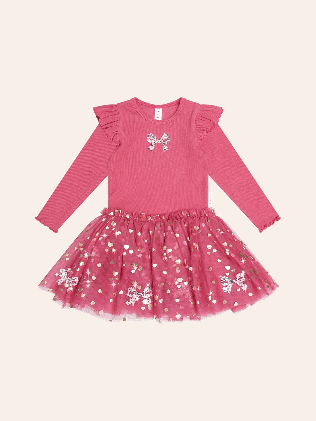 Sequin Bow Long Sleeve Tulle Dress – Cherry – Huxbaby
