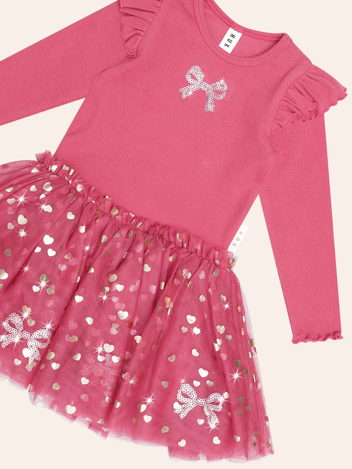 Sequin Bow Long Sleeve Tulle Dress – Cherry – Huxbaby