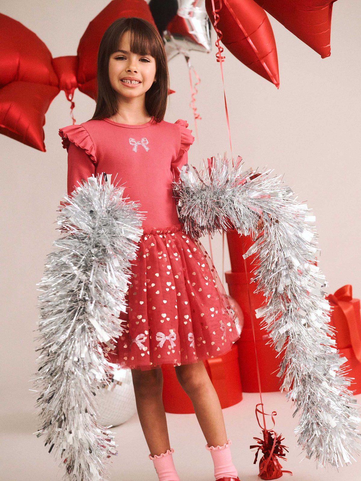 Sequin Bow Long Sleeve Tulle Dress – Cherry – Huxbaby