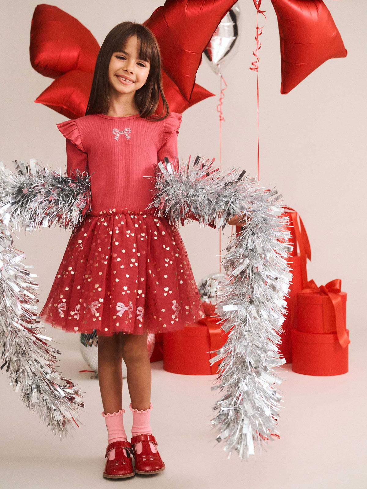 Sequin Bow Long Sleeve Tulle Dress – Cherry – Huxbaby