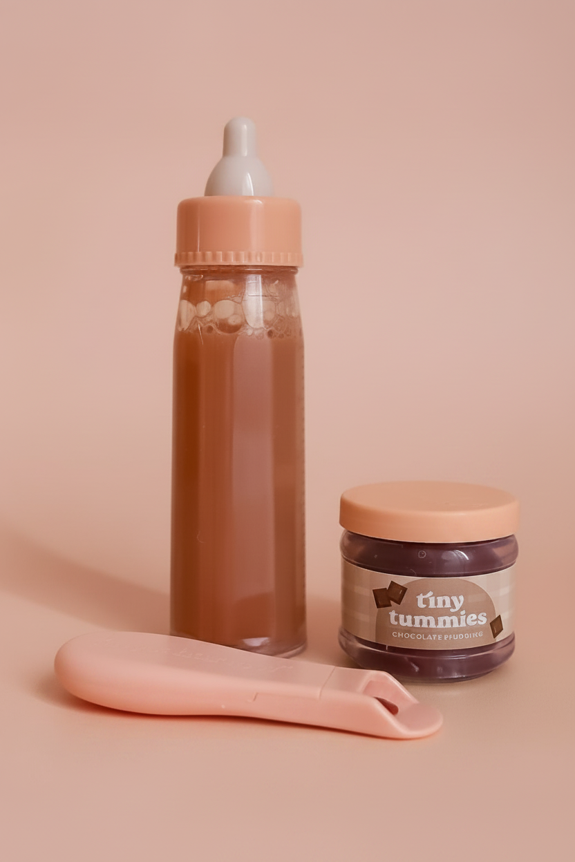 Tiny Harlow Tiny Tummies Puree and Milk Bottle Set for Doll in Chocolate - littlewild kids