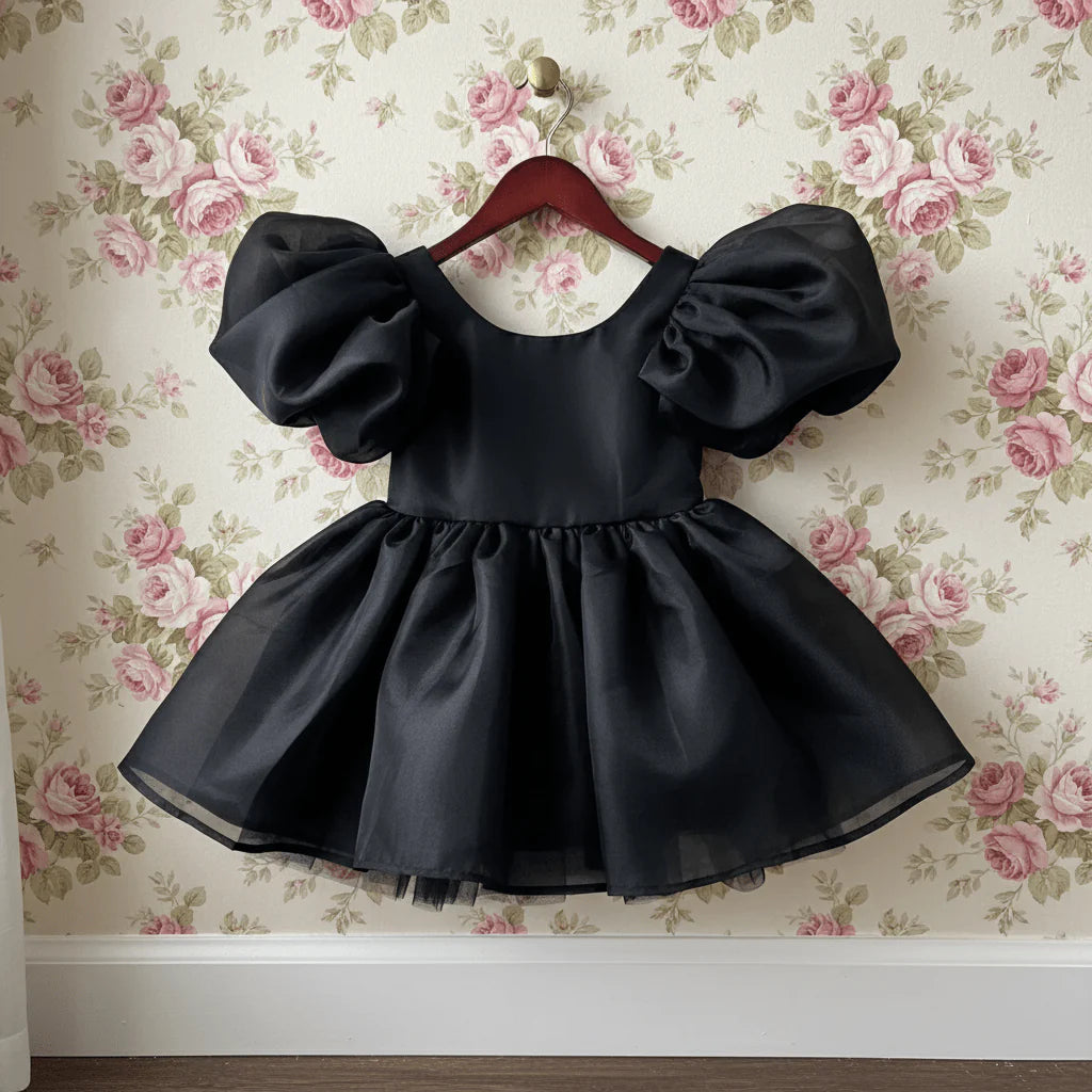 V-Back Puff Sleeve Organza Tutu Dress in black – DOLLY by Le Petit Tom satin organza dress