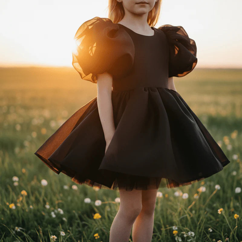V-Back Puff Sleeve Organza Tutu Dress in black – DOLLY by Le Petit Tom, view 2