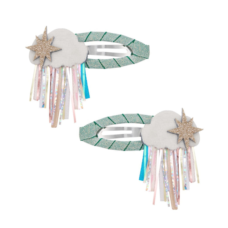 Rainy Cloud Hair Clips – Mimi & Lula cloud-shaped clips with glitter star and ribbon raindrops