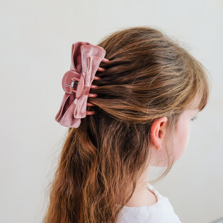 Mimi & Lula giant velvet bow claw clip with dusty pink shimmer finish