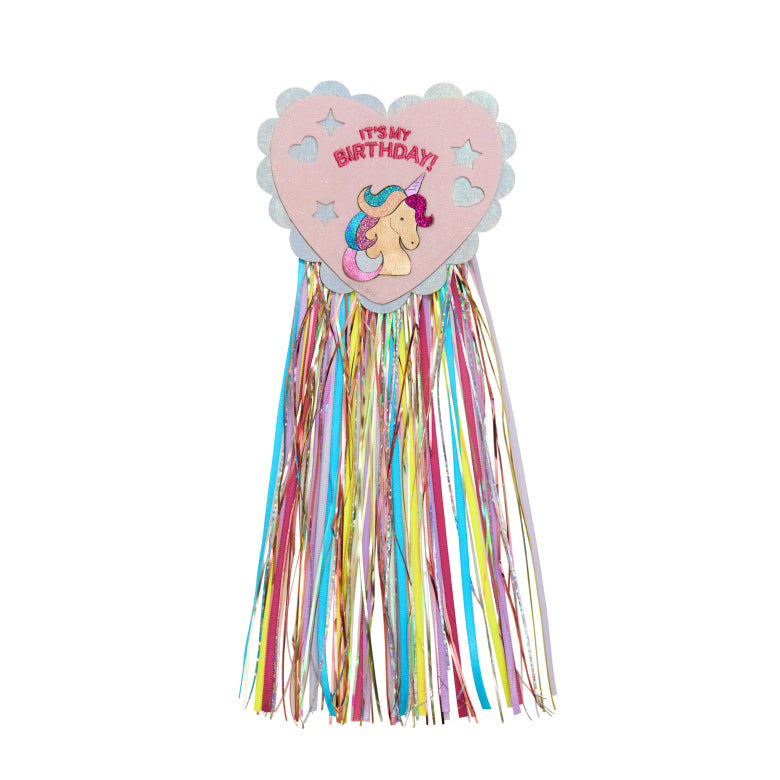 Magical Unicorn Birthday Badge – Mimi & Lula unicorn rosette badge with tinsel tassels
