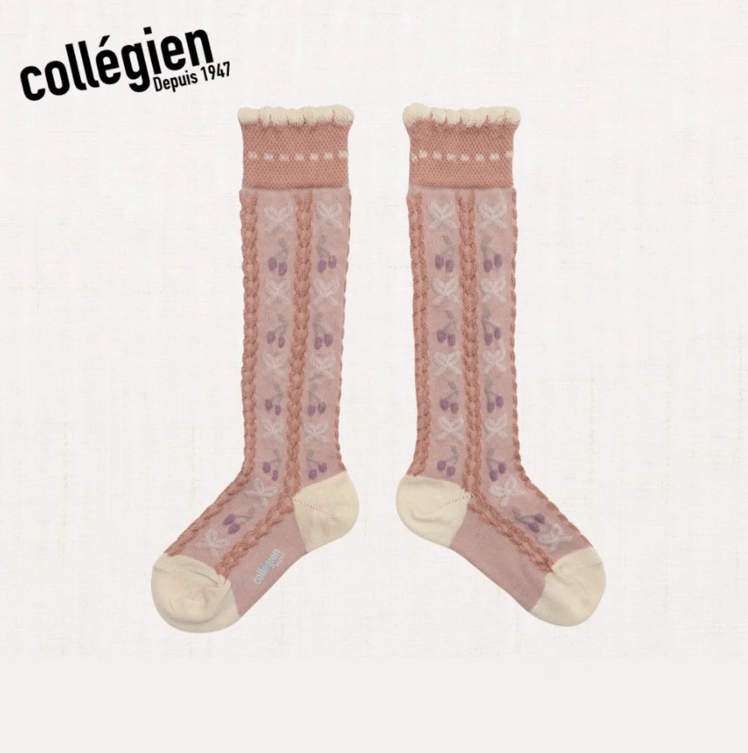 Collégien Cerise Jacquard Cherries & Bows Knee-high Socks – Vieux Rose
