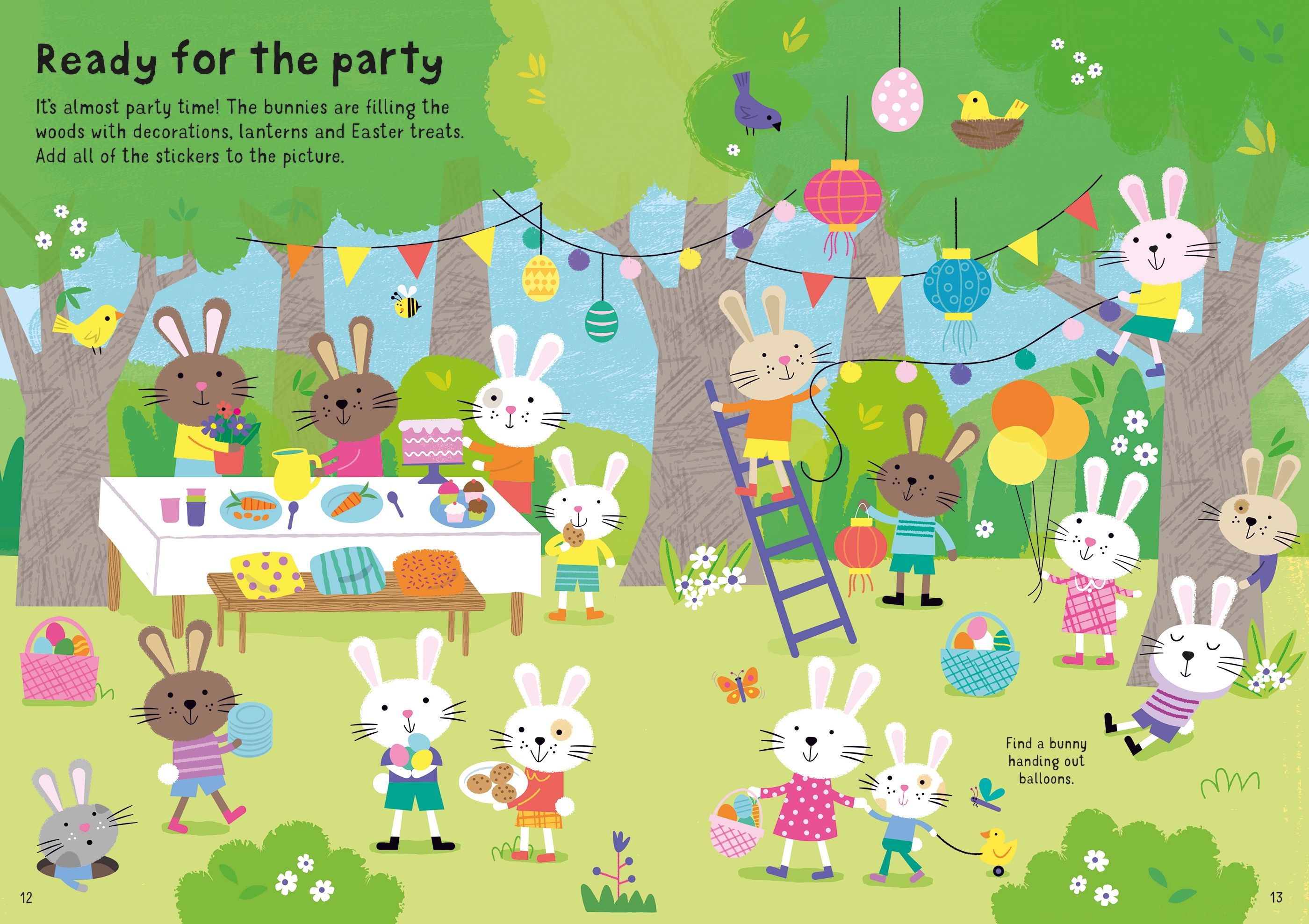 Easter themed sticker activity page with dolls and eggs