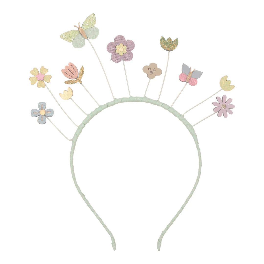 Mimi & Lula Spring Meadow Headdress — delicate floral and butterfly kids headband in soft pastel spring tones, shown on white background