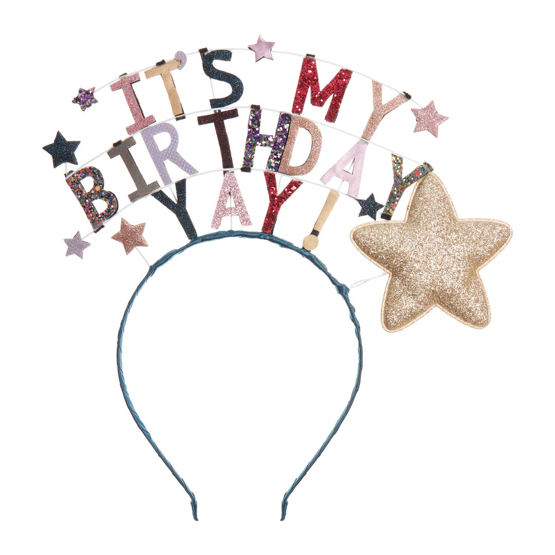 Mimi & Lula It's My Birthday Headdress — kids birthday headband with sparkling stars and It's My Birthday lettering, shown on white background