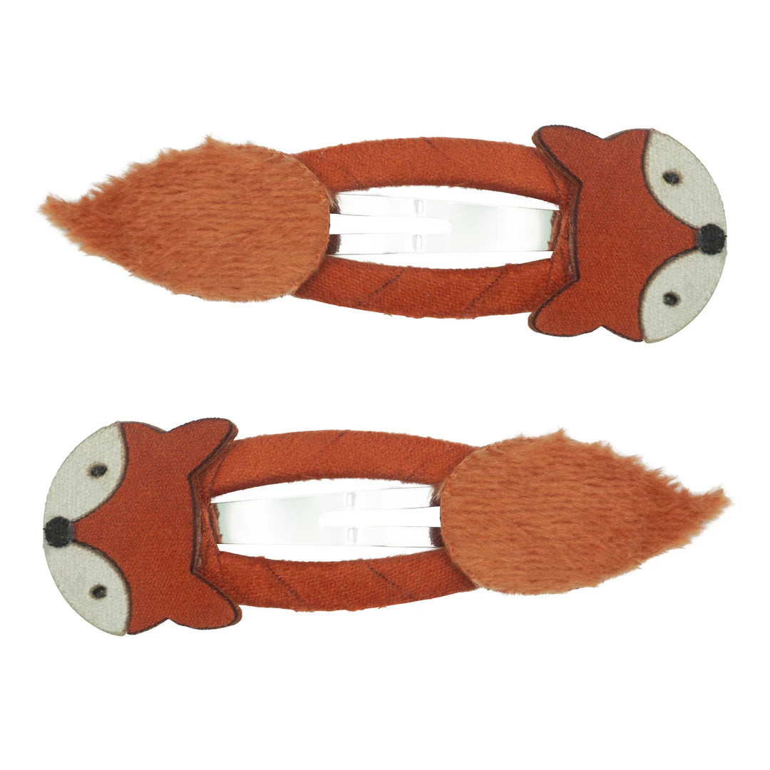 Mimi & Lula Foxy Clic Clacs — rust orange fox-shaped kids clic clac hair clips, shown as a pair on white background