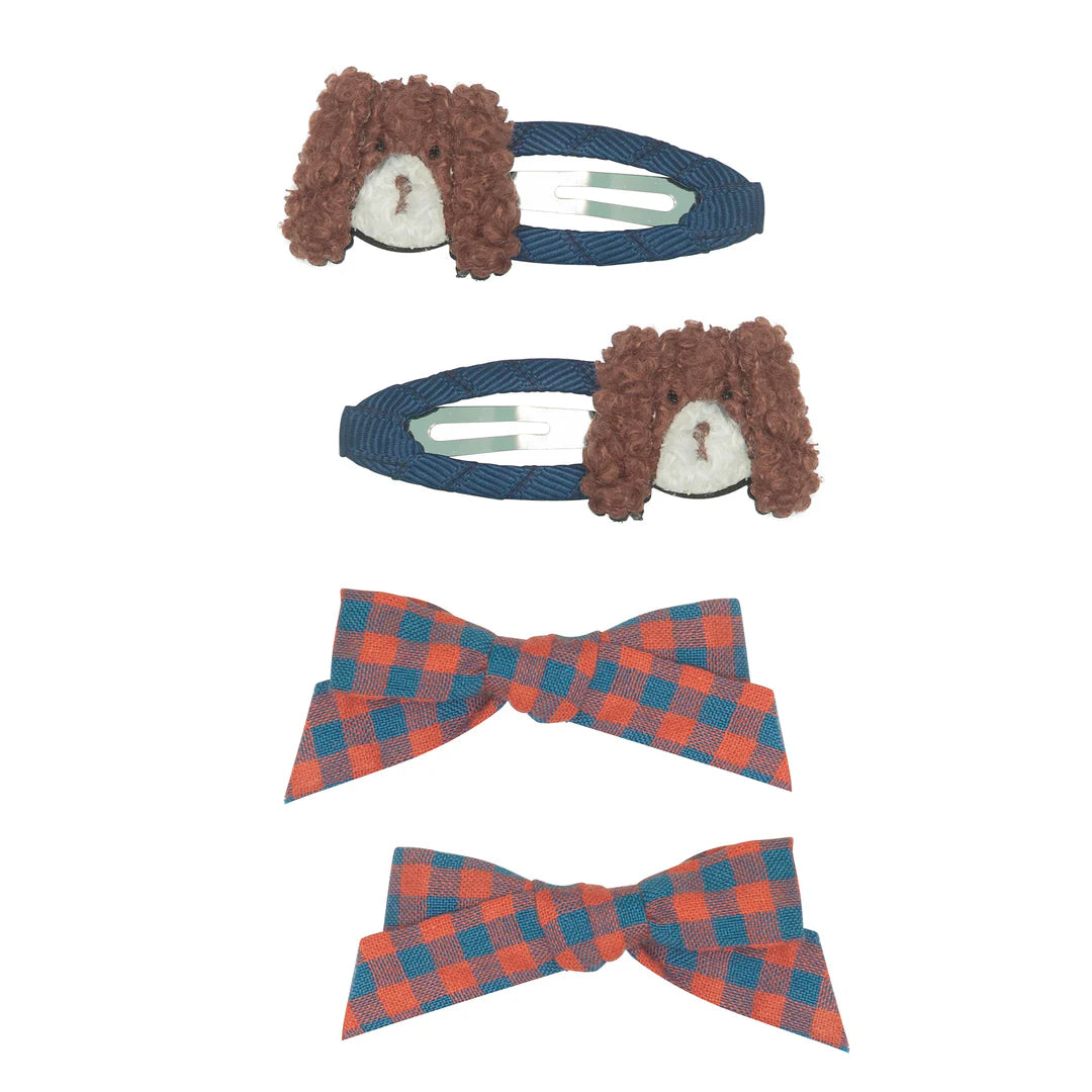 Mimi & Lula Cockapoo Clip Set — kids hair clip set with cockapoo dog face clips and tartan bow clip in rust and navy tones, shown on white background