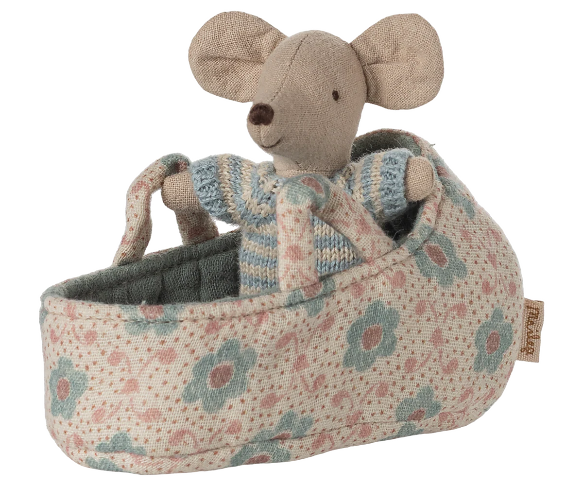 Maileg Baby Mouse in Carry Cot – side view showing cot detail