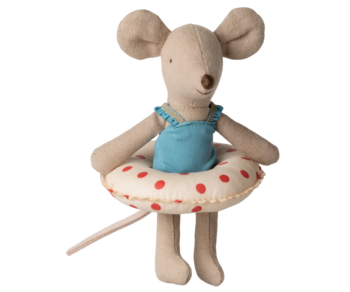 Maileg Beach Mouse with Float Little Sister Red Dots – front view, pre-order