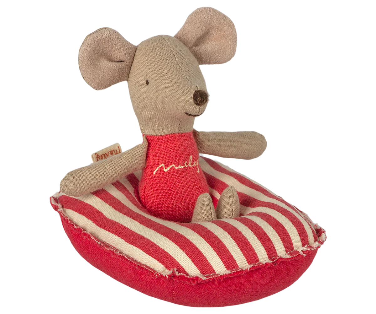 Maileg Red Stripe Rubber Boat – detail of boat and mouse