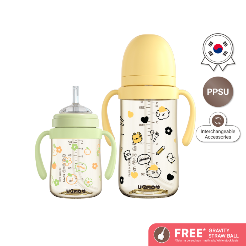 UBMOM PPSU Straw Cup 280ml with green handles and orange flower print
