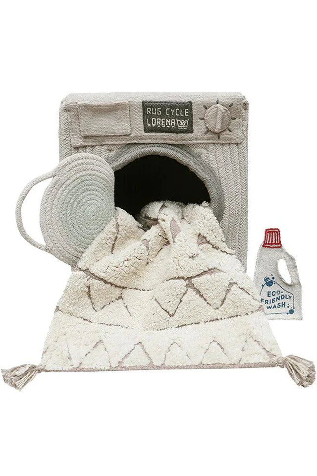 Lorena Canals Play Basket Washing Machine — handcrafted textile washing machine toy with mini rug and detergent cushion for kids