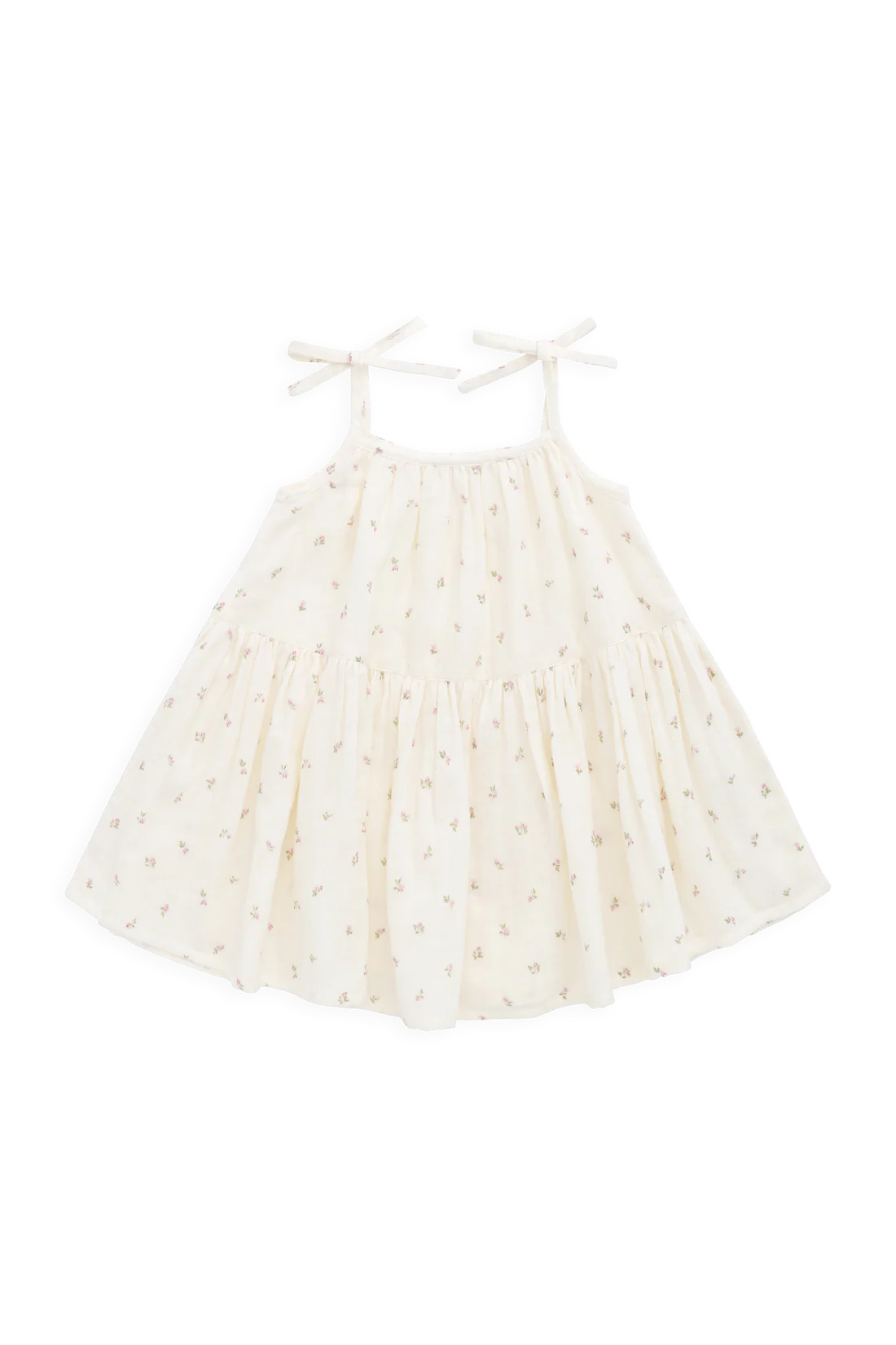 Jamie Kay Organic Cotton Muslin Winnie Dress in Willow Rose — floaty girls dress with ruffled details and delicate rose floral print, flat lay on white background