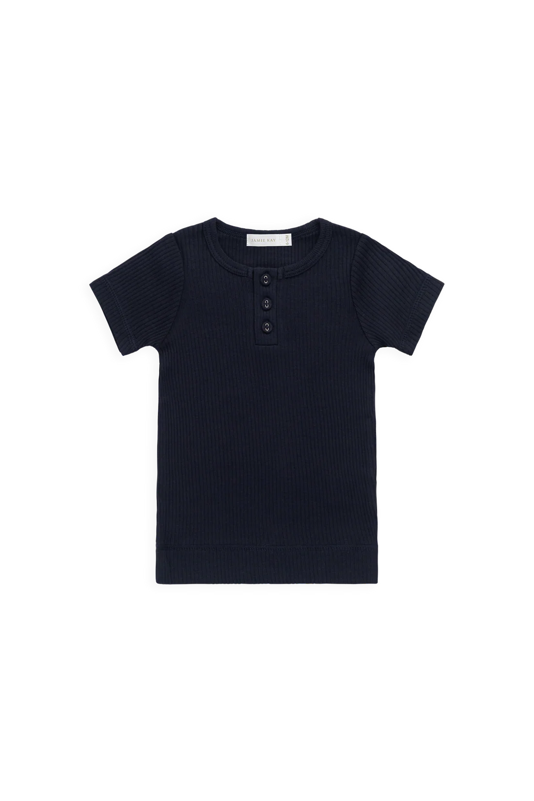 Jamie Kay Organic Cotton Modal Henley Tee in Eclipse — short sleeve henley with button detail for kids in deep navy, flat lay on white background