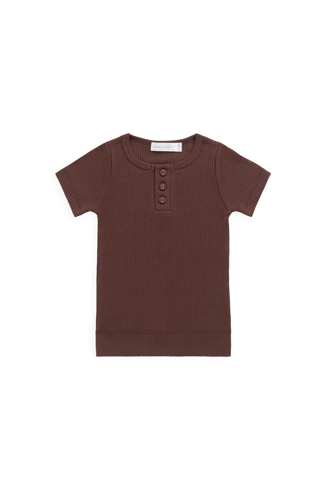 Jamie Kay Organic Cotton Modal Henley Tee in Burnt Cinnamon — short sleeve henley with button detail for kids, flat lay on white background