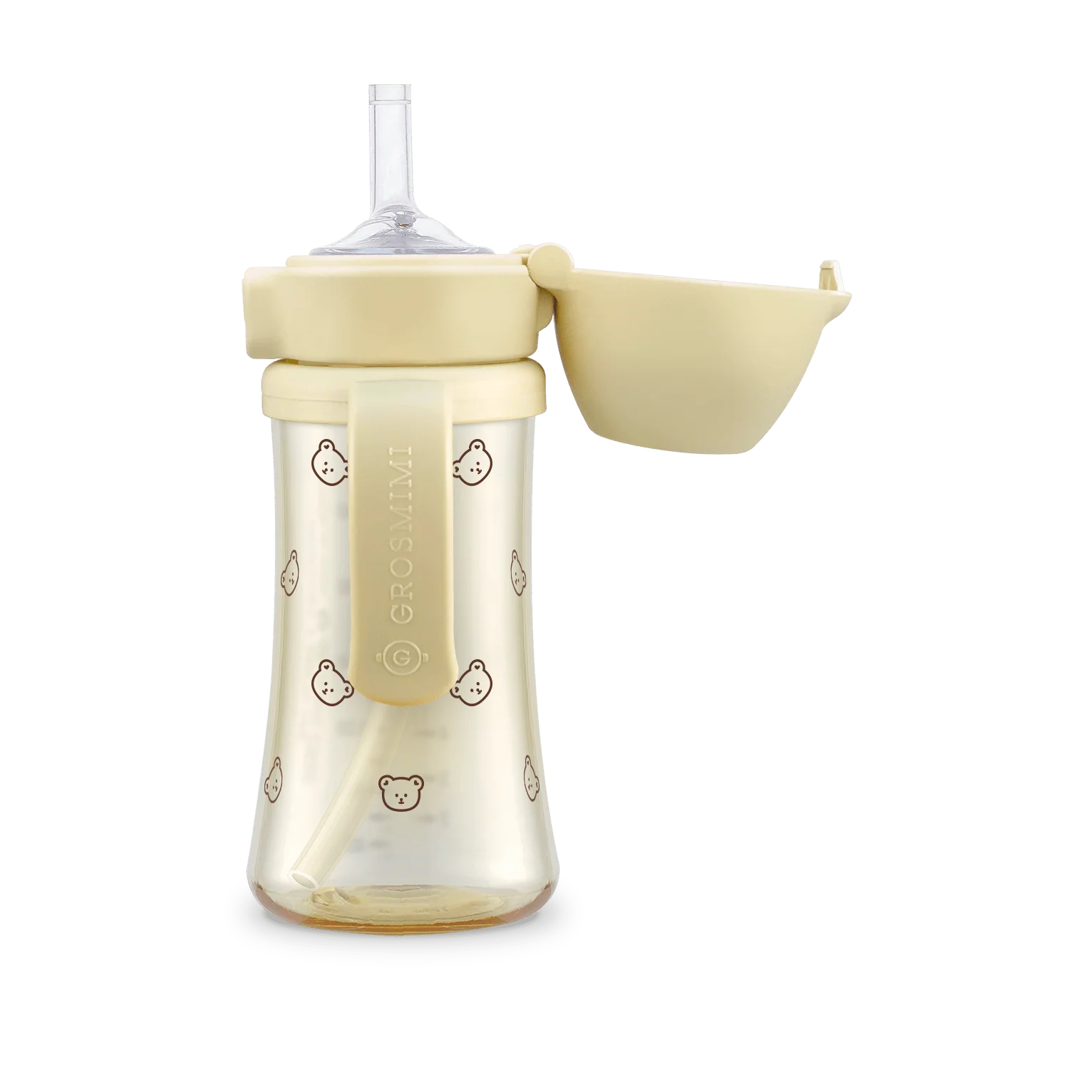 Grosmimi PPSU straw cup with flip top and shield in butter yellow bear print — 10oz Stage 2 for toddlers 12 months+