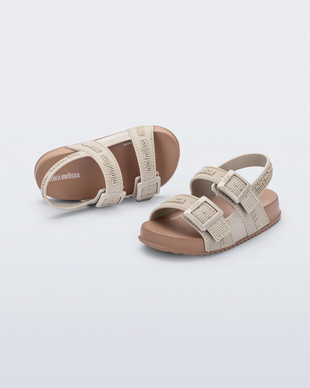 Mini Melissa Cozy M Lover — caramel double-strap kids jelly sandal, pair shown on white background