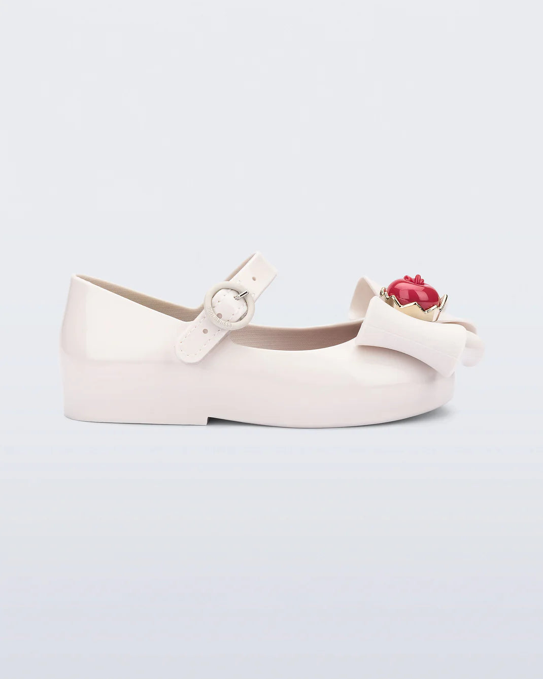 Mini Melissa Sweet Love Snow White — white jelly kids ballet flat with red rose embellishment, pair shown on white background