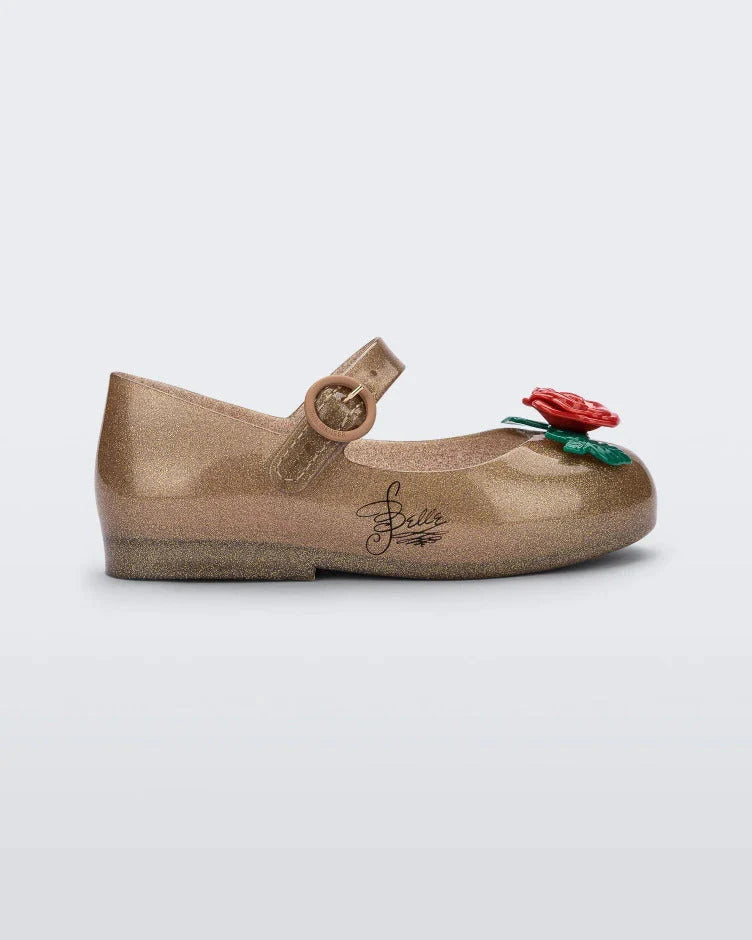 Mini Melissa Sweet Love Princess — golden jelly kids ballet flat with red rose embellishment, pair shown on white background