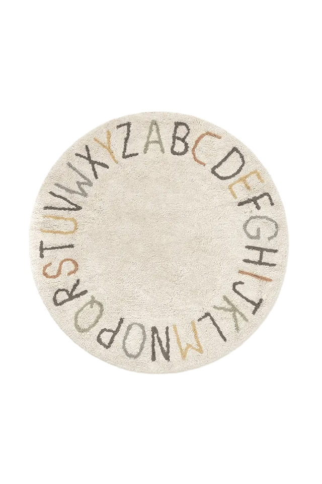 Washable Play Rug ABC Color and Letters by Lorena Canals, round alphabet-print kids' rug