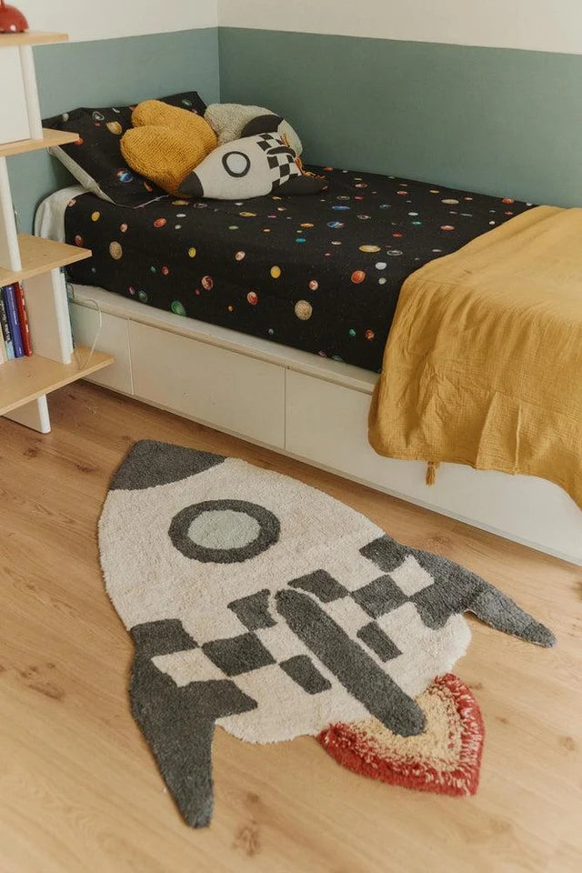 Washable Cotton Rug Rocket by Lorena Canals styled in a kids' playroom