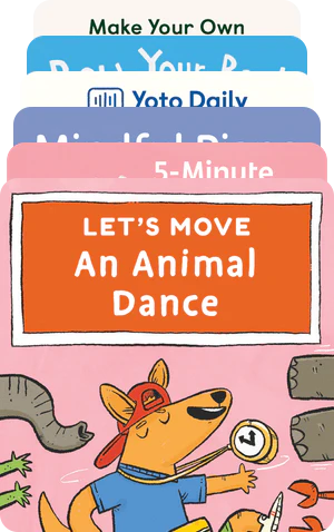 Children's book titled 'Let's Move An Animal Dance' with a cartoon dog and animal illustrations on a pink background.